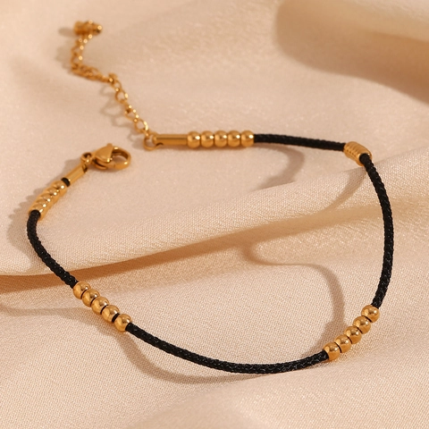 Damen Mode Edelstahl 18K Vergoldet 25 Perlen Fußkettchen Schwarz Geflochtenes Seil Verstellbar Fuß Schmuck Strand Urlaub