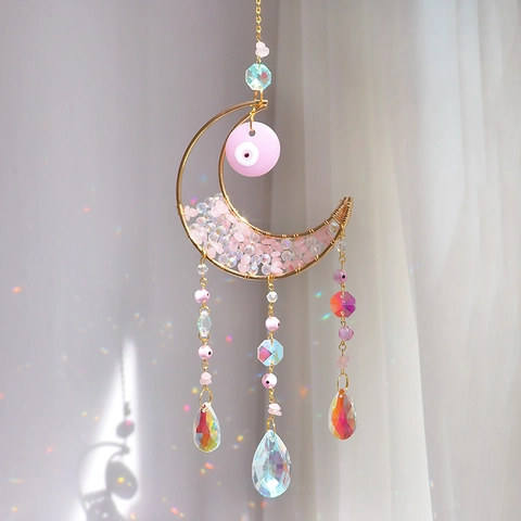 Moon Suncatcher Evil Eye Rose Quartz Crystal Hanging Ornament Prism Rainbow Maker Boho Window Home Decor