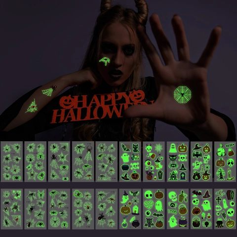 Luminous Halloween Tattoo Stickers Glow In The Dark Spider Web Ghost Pumpkin Body Face Decoration For Festival Party