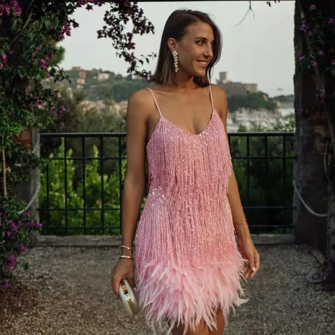 Vestido Sexy para Mujer con Cuello en V Lentejuelas Borlas y Plumas Sin Mangas Tirantes de Espagueti Fiesta Noche Vestido de Cóctel Elegante Ajustado