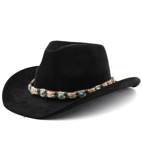 Cappello Da Cowboy Western Finta Pelle Scamosciata Tesa Larga Etnico Perline Turchesi Fascia Intrecciata Sole Uomo Donna