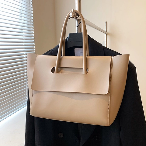 Large Capacity PU Leather Tote Bag Minimalist Retro Flap Shoulder Handbag For Women Daily Office Commute