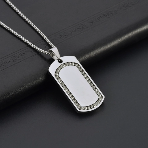 Collar Con Colgante De Placa Militar De Acero De Titanio Con Diamantes De Imitación Rectangular Moda Hip Hop Para Hombre
