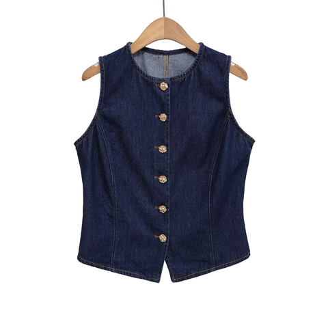 Damen Denim Weste Und Shorts Ärmellos Goldene Knöpfe Hohe Taille Weites Bein Denim Outfits Mit Gürtel