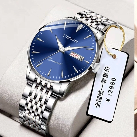 Unraion Orologio da Uomo Business al Quarzo Acciaio Inossidabile Doppio Calendario Luminoso Impermeabile Orologio Moda