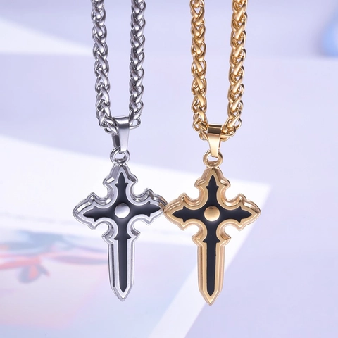 Collana con Pendente a Croce Spada in Acciaio Inossidabile Gotico Retro Smalto Nero Goccia Olio Ciondolo Geometrico Metallo