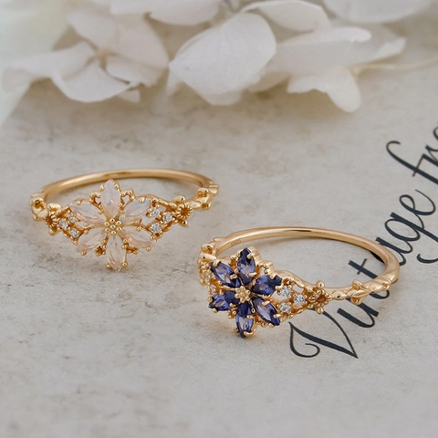 S925 Sterling Silver Flower Ring 14K Gold Plated Tanzanite Zircon Artificial Opal Marquise Cut French Retro For Women