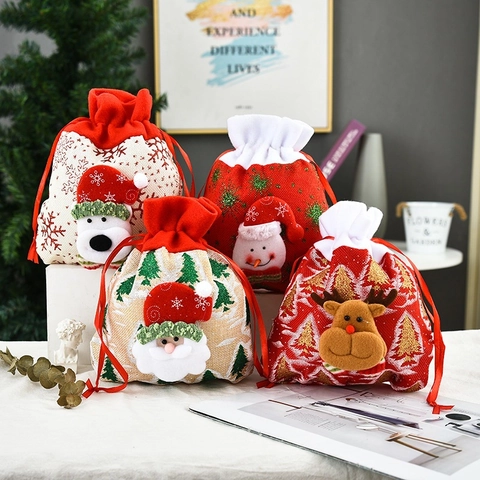 Weihnachten Kordelzug Geschenktüten Jute Süßigkeitenbeutel Mit 3D Plüsch Weihnachtsmann Rentier Für Feiertagsparty