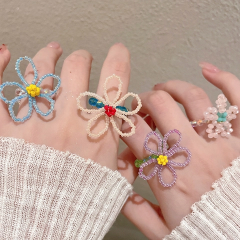 Bague Fleur En Perles Faite À La Main Cristal Coloré Style Dopamine Doux Simple Bijoux Pour Femmes