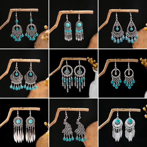 Boucles D Oreilles Pendantes Bohèmes Vintage Femmes Avec Turquoise Synthétique Et Tige En Argent Sterling 925 Style Ethno