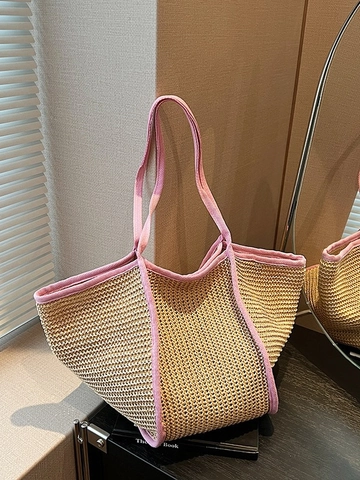Women Large Capacity Straw Woven Tote Bag Contrast Color Summer Beach Handbag Single Shoulder Casual Vacation Style