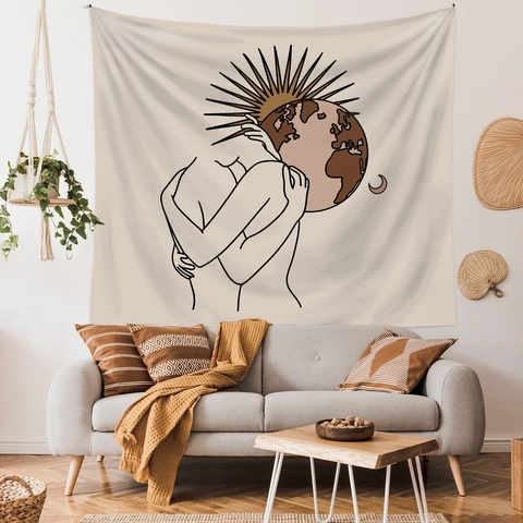 Minimalistische Lijntekening Wandtapijt Polyester Stof Mens Die De Aarde Omhelst Zon Maan Boheemse Kamer Decor