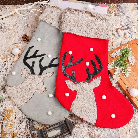 Kerstsokken Rendierkop Decoratie Stof Kunstbont Pluche Manchet Pompons Vakantie Cadeautassen Open Haard Ophangen