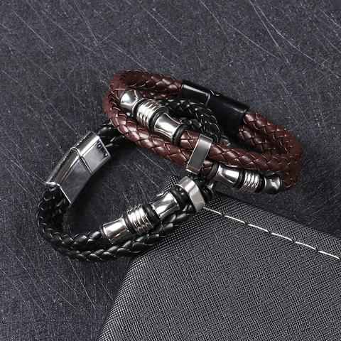 Men Braided Leather Bracelet With 316 Stainless Steel Magnetic Clasp Multilayer Woven Punk Vintage Casual Jewelry