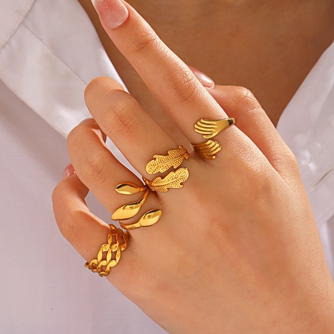 Edelstahl Blatt Palme Verstellbare Offene Ringe Für Damen 18K Vergoldeter Minimalistischer Modeschmuck Accessoires