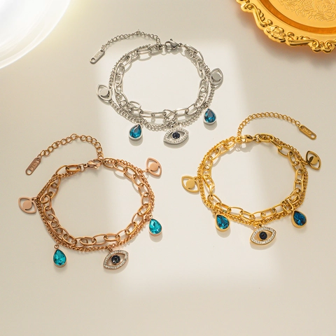 Evil Eye Double Layer Bracelet Stainless Steel Blue Rhinestone Teardrop Charm Elegant Jewelry For Women Korean Ins Style