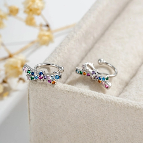 Σκουλαρίκι Ear Cuff Φιόγκος Χωρίς Τρύπα Χαλκός Πολύχρωμα Ζιργκόν Ουράνιο Τόξο Για Γυναίκες