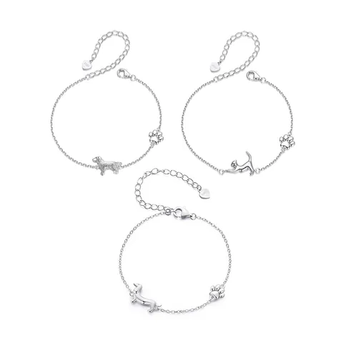 Cute Dachshund Dog Cat Animal Silhouette Charm Bracelet 925 Sterling Silver Platinum Plated Paw Print Jewelry For Women