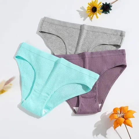 Women Panties Ribbed Cotton Breathable Low Waist Solid Color Briefs Underwear Skin Friendly Soft Lingerie For Girls