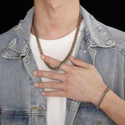 Collier Et Bracelet À Mailles Cubaines Pour Hommes Acier Inoxydable Surface Sablée Style Hip Hop Streetwear Bicolore Noir