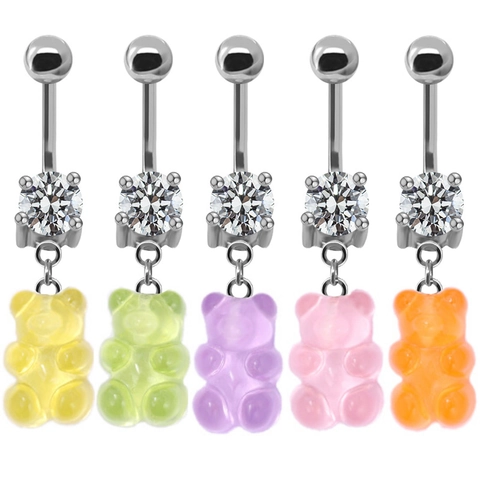 316L Stainless Steel Gummy Bear Belly Ring For Women Rhinestone Animal Navel Piercing Jewelry Resin Bear Navel Ring