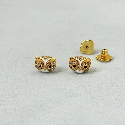 Pendientes De Botón De Búho Delicados De Latón Con Circonita Brillante Y Esmalte Blanco Color Contrastado Joyería Para Mujer