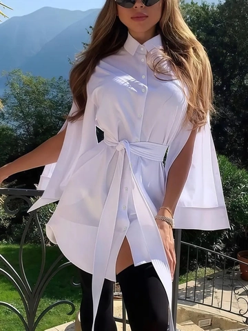 Dames Elegante Witte Overhemdjurk Polyester Met Gespleten Kaapmouwen Revers Tailleband Mini Jurk Casual Stijl