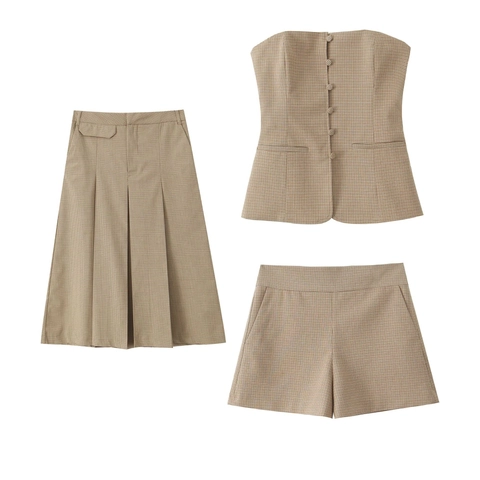 Top De Tubo A Cuadros Para Mujer Con Falda Plisada Y Pantalones Cortos De Talle Alto Mezcla De Algodón Streetwear Caqui