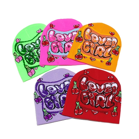 Lover Girl Buchstabe Kirsche Herz Muster Acryl Strickmütze Warme Winter Streetwear Mütze Für Damen