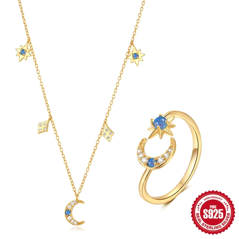 S925 Sterling Silver Star Moon Jewelry Set Gold Plated Opal Zirconia Inlaid Adjustable Ring Necklace Set For Women