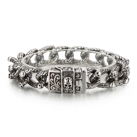 Skull Bracelet Men 316L Stainless Steel Punk Gothic Heavy Chain Jewelry Halloween Retro Dark Skeleton Rock Biker