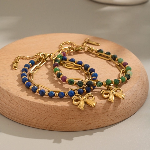 Double Layered Bracelet Stainless Steel 18K Gold Plated Natural Stone Beaded Chain Bow Pendant Retro Bohemian Jewelry Women