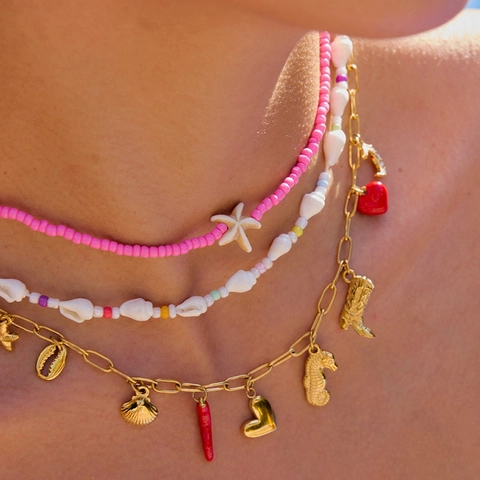 Bohemian Stainless Steel Shell Starfish Necklace Set For Women Summer Beach Beaded Layered Charm Necklace Waterproof Jewelry