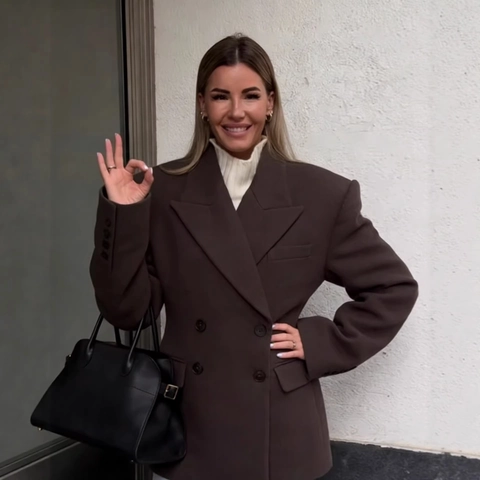 Dames Blazer Jas Double Breasted Oversized Koffie Polyester Lange Mouw Revers Gevoerde Schouders Mode