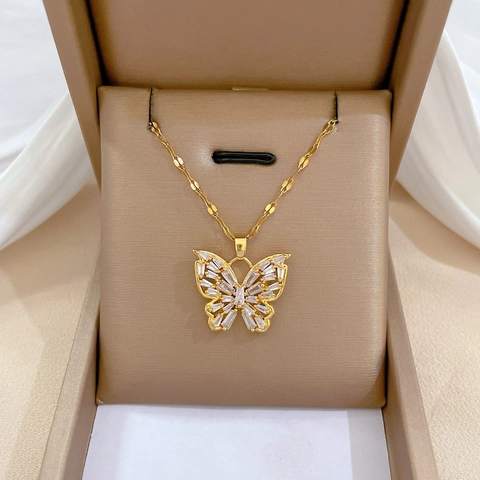 Collana Con Ciondolo A Farfalla Catena In Acciaio Inossidabile Rame Zircone Gioielli Di Lusso Per Matrimoni Da Donna Color Oro