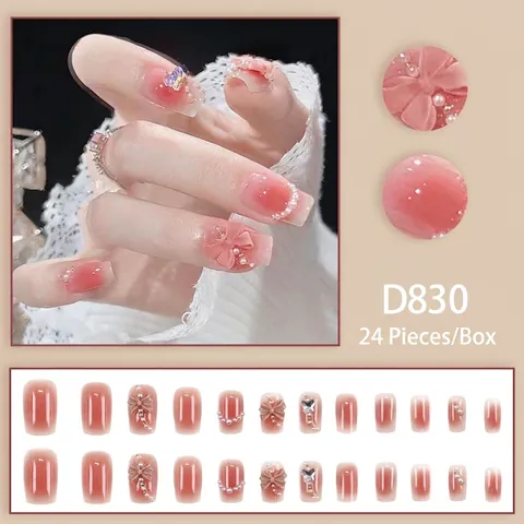 Pink Ombre Press On Nails With Bow And Artificial Pearl Butterfly Decor Sweet Elegant Artificial Fake Fingernails For Women