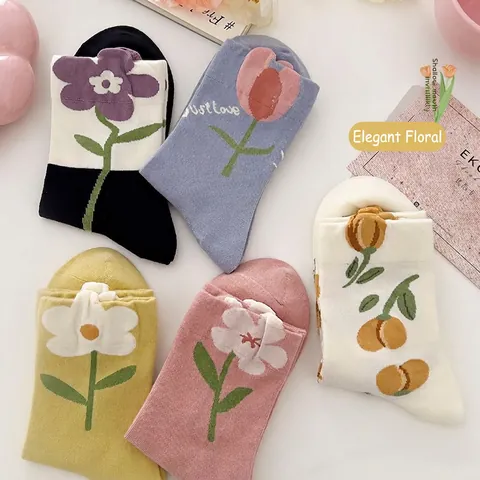 Damen Crew Socken Baumwollmischung Blumenmuster Japanisch Retro Süße Mittelhohe Socken Mit Tulpen Gänseblümchen Designs