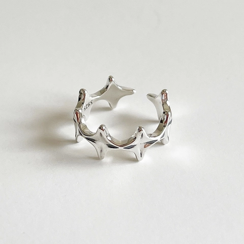 925 Sterling Silver Ring Star Crown Design Vintage Distressed Style Adjustable Open Band Fashion Jewelry For Women