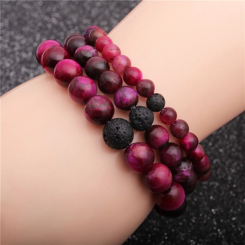 Perlenarmband Natur Rosa Roter Tigerauge Stein Schwarzer Vulkanischer Lavastein Elastisch Handgemacht Heilender Schmuck Unisex Boho