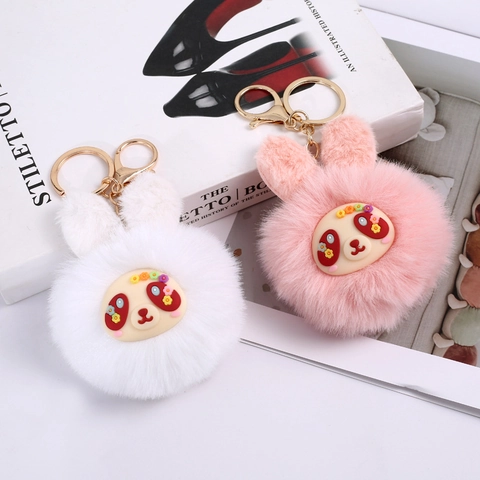 Cute Rabbit Bear Ear Pom Pom Keychain Faux Fur Plush Ball Bag Charm Soft Fluffy Key Ring For Women Girls Backpack Accessory