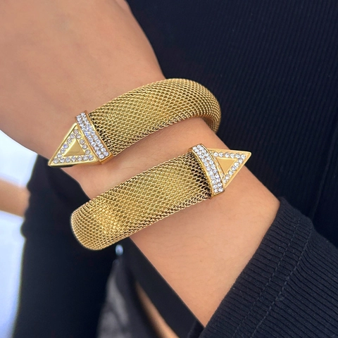 Stainless Steel Mesh Bangle Bracelet With Triangular Rhinestone Ends Gold Silver Plated Punk Open Wrap Cuff Jewelry For Women