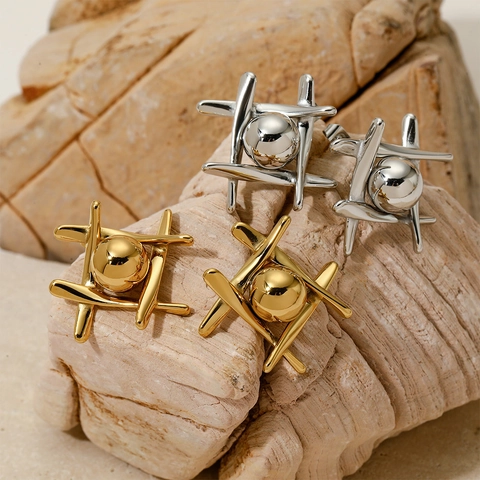 Geometrische Kreuz-Ohrstecker Für Damen Edelstahl Tic-Tac-Toe-Design Mit Polierter Mittelperle Moderner Schmuck