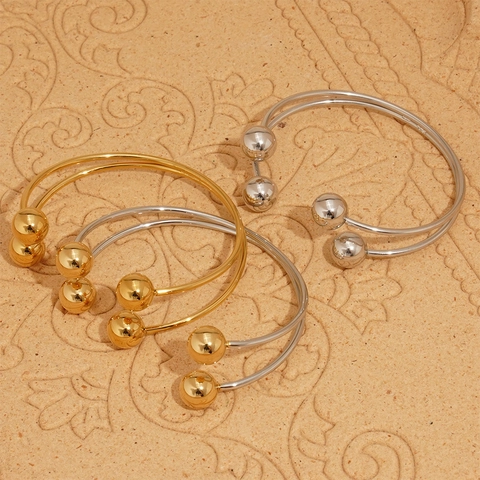 Roestvrijstalen Open Manchet Armband Dubbellaags Bal Uiteinden Minimalistisch Verstelbare Bangle Dames Sieraden