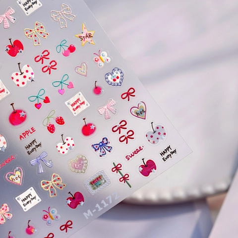 3D Embossed Nail Art Stickers Sweet Fruit Cherry Apple Bow Heart Patterns Self Adhesive Decals For DIY Manicure Women