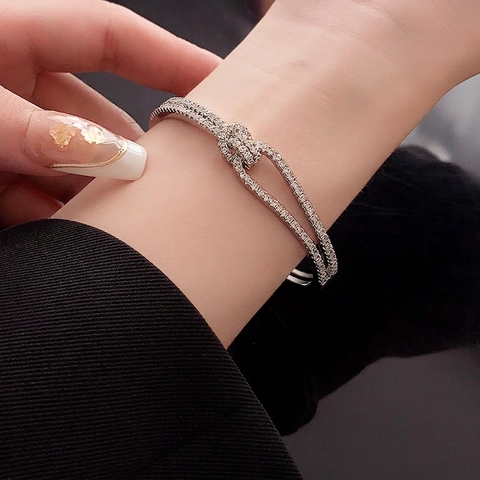 Knot Open Cuff Bracelet Cubic Zirconia Copper Double Layer Full Pavé Adjustable Bangle For Women Elegant Luxury Jewelry