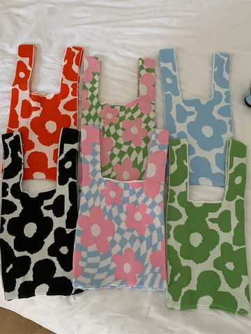 Bolso De Mano De Punto Para Mujer Poliéster Patrón Floral Color En Contraste Bolso Estético Para Diario