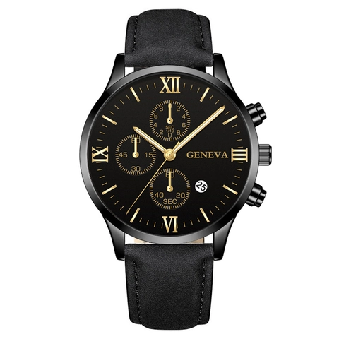 Men Quartz Watch With Leather Strap Roman Numerals Calendar Business Casual Wristwatch Alloy Case Round Dial