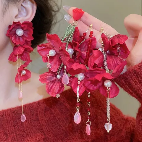 Pendientes Colgantes De Flores De Tela Roja Con Borla De Cristal De Perla Artificial Joyería Floral Romántica Y Poste De Plata