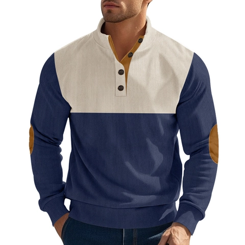Felpa In Velluto A Coste Da Uomo Vintage Colorblock Henley Colletto Con Bottoni Manica Lunga Pullover Casual
