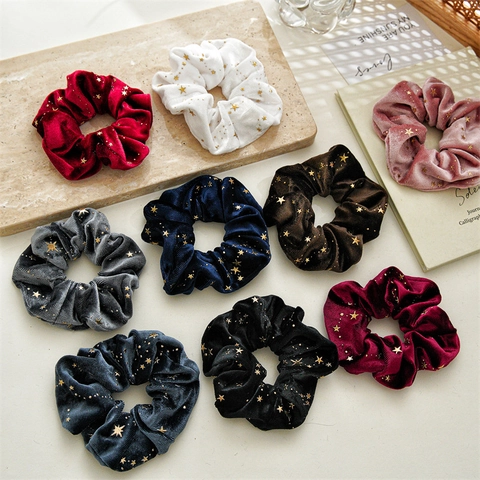 Coleteros de Terciopelo con Estrellas de Lámina de Oro Gomas Elásticas para el Pelo para Mujeres Niñas Moda Otoño Invierno Accesorios para el Pelo